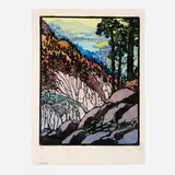 Frances Gearhart, Autumn Brocades (Glimpse of Big Bear Lake), 1931, woodcut in colors
