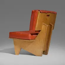 Frank Lloyd Wright, Chair from the Dorothy H. Turkel House, Detroit, c. 1955, mahogany, mahogany plywood, vinyl