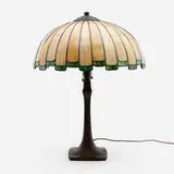 Handel, Table lamp, c. 1915, patinated metal, leaded slag glass