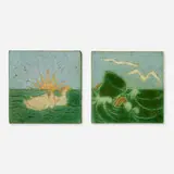 Tiles, set of two by Grueby Faience Company, c. 1905, glazed earthenware decorated in cuenca, glazed earthenware decorated in cuerda seca, sold Mar 2024