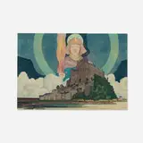 M. Louise Stowell, St. Michael over Mont Saint Michel (after Harvey Ellis), c. 1912, woodcut in colors
