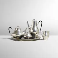 Denmark coffee and tea service by John Prip, 1958, pewter, laminate, plastic, sold Mar 2017