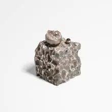 John Prip, lidded box, c. 1985, electroformed sterling silver, amber cabochon, quartz geode