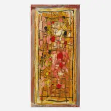 Roger Bissière, Untitled, c. 1955, oil on patterned fabric