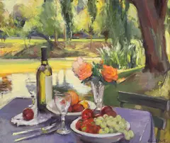 Edward Noott, Untitled, Edward Noott (b.1965) Still life of fruit and wine oil on canvas 64 x 76cm .