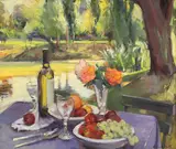 Edward Noott, Untitled, Edward Noott (b.1965) Still life of fruit and wine oil on canvas 64 x 76cm .