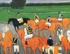 Avant la Course by André Brasilier, Oil on canvas reproduction painting depicting horses and jockeys preparing for their race, offered Sep 2026