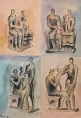 Henry Moore, Family Groups, 1944, Watercolor, pen and India ink wash paper