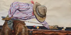 Nelson Boren, I Can't Beat Ya With My Gloves On, Watercolor on paper depicting a Western figural scene of a cowboy playing pool