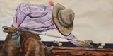Nelson Boren, I Can't Beat Ya With My Gloves On, Watercolor on paper depicting a Western figural scene of a cowboy playing pool
