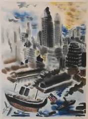 George Grosz, New York Harbor, circa 1934, Lithograph Pencil