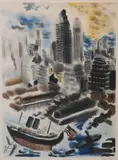 George Grosz, New York Harbor, circa 1934, Lithograph Pencil