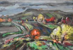 Adomas Galdikas, Autumn Landscape with Rolling Fields depicting a winding country road under a cloudy sky, rendered in bold, expressive brushwork with vibrant autumnal tones, Watercolor, gouache, pastel on paper