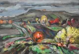 Autumn Landscape with Rolling Fields depicting a winding country road under a cloudy sky, rendered in bold, expressive brushwork with vibrant autumnal tones by Adomas Galdikas, Watercolor, gouache, pastel on paper, offered May 2026