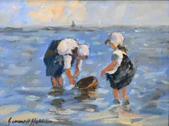 Robert Gemmell Hutchison, Little Fishing Children at the Water's Edge, circa 1920, Oil on C. Roberson & Co. Ltd., London, masonite board