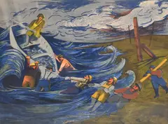 Harry Gottlieb, Harry Gottlieb (American 1895-1993) "Fisherman's Luck", 1938 Depicting a group of fishermen pulling a boat in from a storm, Screenprint in color