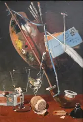 Thomas Hill, Trompe L'Oeil Still Life featuring paint palette, a pipe and letter addressed to Edward R. Hill, Oil on canvas