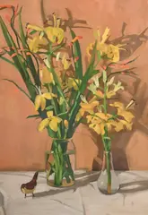 Jane Fisher, Still Life with Two Vases and Bird, 1983, Oil on paper Label on verso with artist name and title