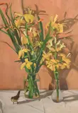 Still Life with Two Vases and Bird by Jane Fisher, 1983, Oil on paper Label on verso with artist name and title, offered Mar 2026