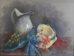 Lottie Meyer Catok, Still Life of Floral Hat and Pitcher, Pastel on paper