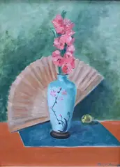 Marguerite Stuber Pearson, Oriental Still Life with Fan and Flowers in Turquoise Vase, Oil on canvas board
