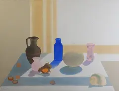 Table Still Life with Blue Bottle, Shell and Vase by a Window by Elizabeth Osborne, 1977, Watercolor on paper, offered Mar 2026