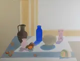 Elizabeth Osborne, Table Still Life with Blue Bottle, Shell and Vase by a Window