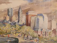 Florence Tricker, Cityscape View from the Park, Watercolor on paper