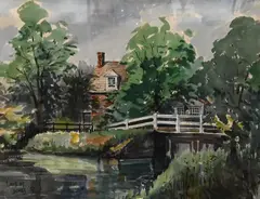 Loïs Mailou Jones, House by a Bridge, 1953, Watercolor on paper Marked lower left Lois M. Jones '53