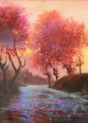 Richard Mayhew, Sunset Landscape with Trees and Stream, Pastel, watercolor, gouache on paper Marked lower right Mayhew