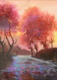 Sunset Landscape with Trees and Stream by Richard Mayhew, Pastel, watercolor, gouache on paper Marked lower right Mayhew, offered Feb 2026