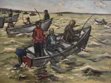 Hayley Lever, Fishermen in Row Boats, Oil on canvas Marked lower left Hayley Lever, Malatzky