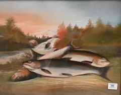 Still Life of Three Trout in a Fall Riverside Landscape by American Folk Art, Pastel on paper, offered Feb 2026