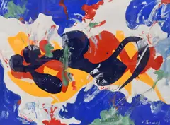 James Brooks, Abstract Composition in Blue, Red and White, Mixed media, acrylic on paper