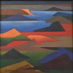 Erik, Laubscher (South African 1927-2013) Geometric Mountain Landscape, 1969, Oil on board