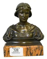 Alfred Drury, Bust of a Woman, Bronze on tiger marble base Height 6 inches Provenance: Property from a Upper Ea