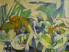 Stefano Cusumano, Interior Scene with Reclining Woman on a Bed, 1960, Oil on canvas