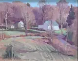 Bernard Corey, Early Spring Farm with Bare Trees, Oil on masonite Label on verso with