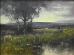 Dennis Sheehan, Tonalist Landscape Study with Distant Mountains, Oil on canvas, presented in Hackman gilt