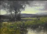 Dennis Sheehan, Tonalist Landscape Study with Distant Mountains, Oil on canvas, presented in Hackman gilt