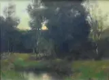 Dennis Sheehan, Tonalist Landscape at Dusk, Oil on canvas, presented in Hackman gilt