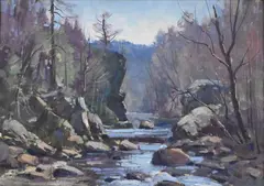 Bernard Corey, Rocky Winter Stream Landscape, Oil on board Label on verso with