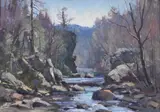 Bernard Corey, Rocky Winter Stream Landscape, Oil on board Label on verso with