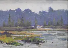 Winter Forest Landscape with Stream by Bernard Corey, Oil on wood panel, offered Jan 2026