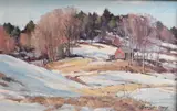 Bernard Corey, Winter Valley Landscape with Barn, Oil on wood panel