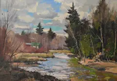 Cabin on the River by Bernard Corey, Oil on canvas board, offered Jan 2026