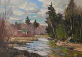 Bernard Corey, Cabin on the River, Oil on canvas board