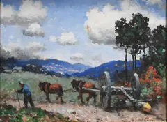 Landscape with Farmer and Work Horses by Frank Russell Green, 1938, Oil on canvas, offered Jan 2026