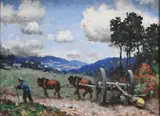 Landscape with Farmer and Work Horses by Frank Russell Green, 1938, Oil on canvas, offered Jan 2026