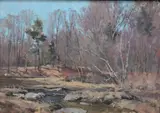 Bernard Corey, Autumn Stream Landscape, Oil on canvas board Label on verso with